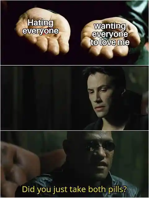 Neo two pills meme showing mixed feelings