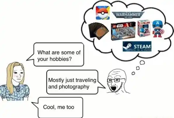 Nerd hiding hobbies meme on date