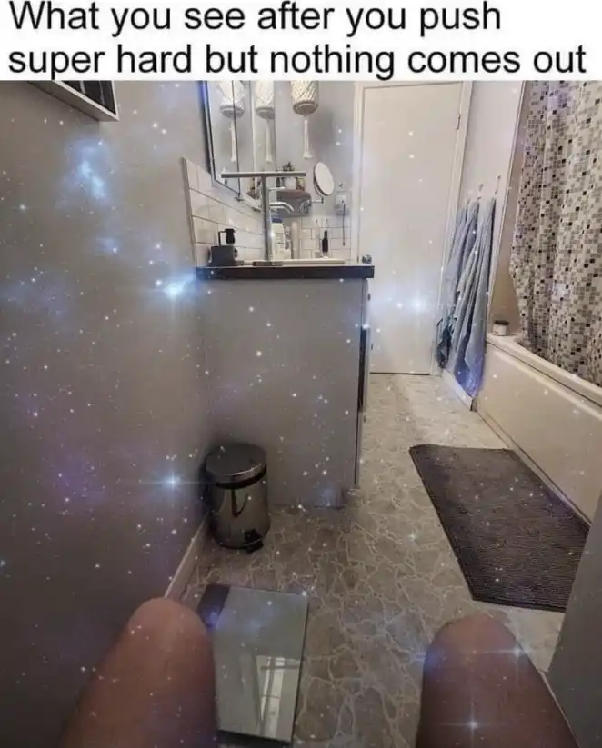 No poop after hard push meme in sparkly bathroom