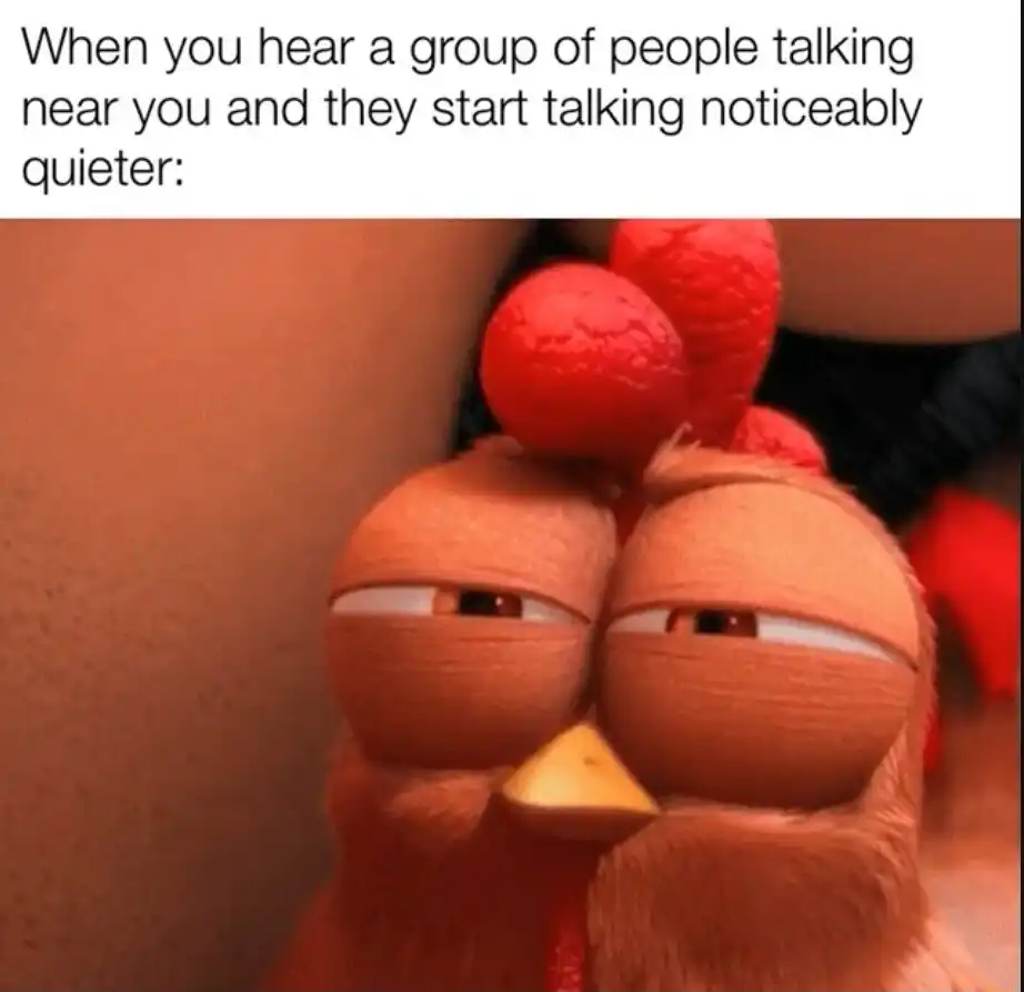 Group talking quieter meme skeptical chicken stare
