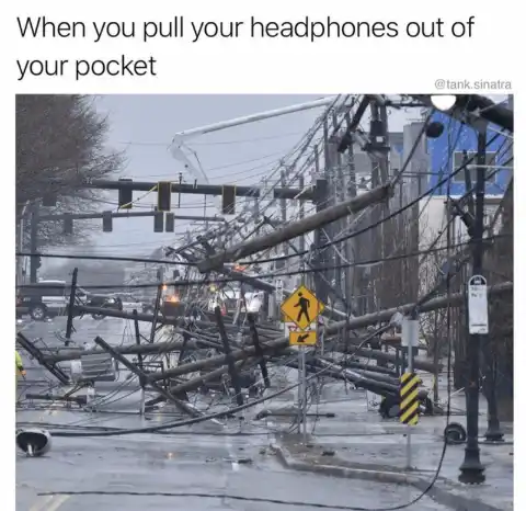 Pocket earphones meme shows tangled mess