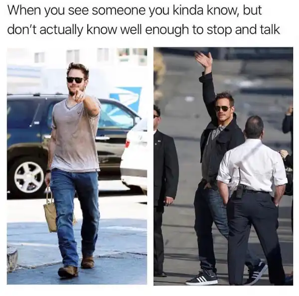 Chris pratt meme waving to avoid awkward chat