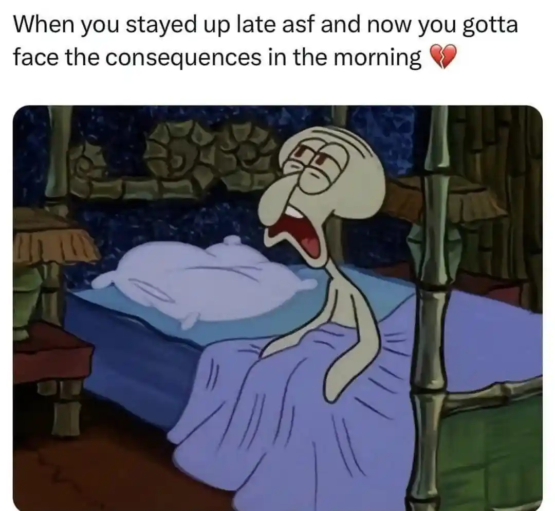 Late night stay up meme waking up tired