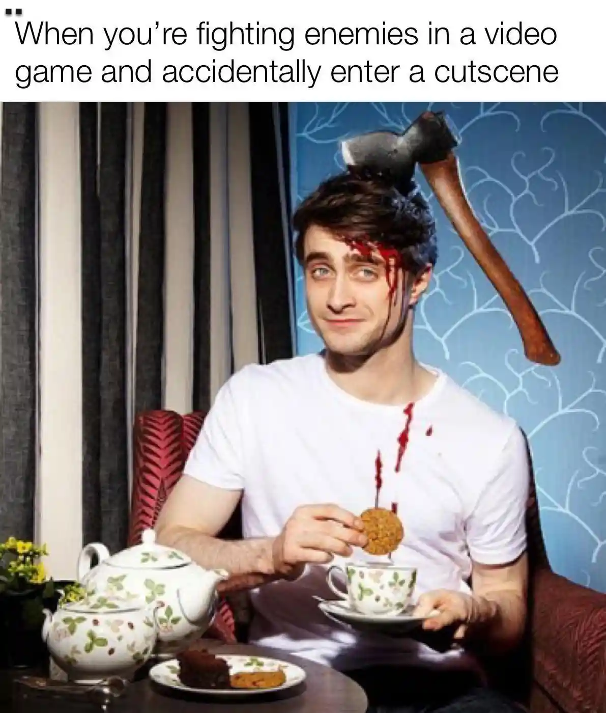 Video game cutscene meme calm having tea