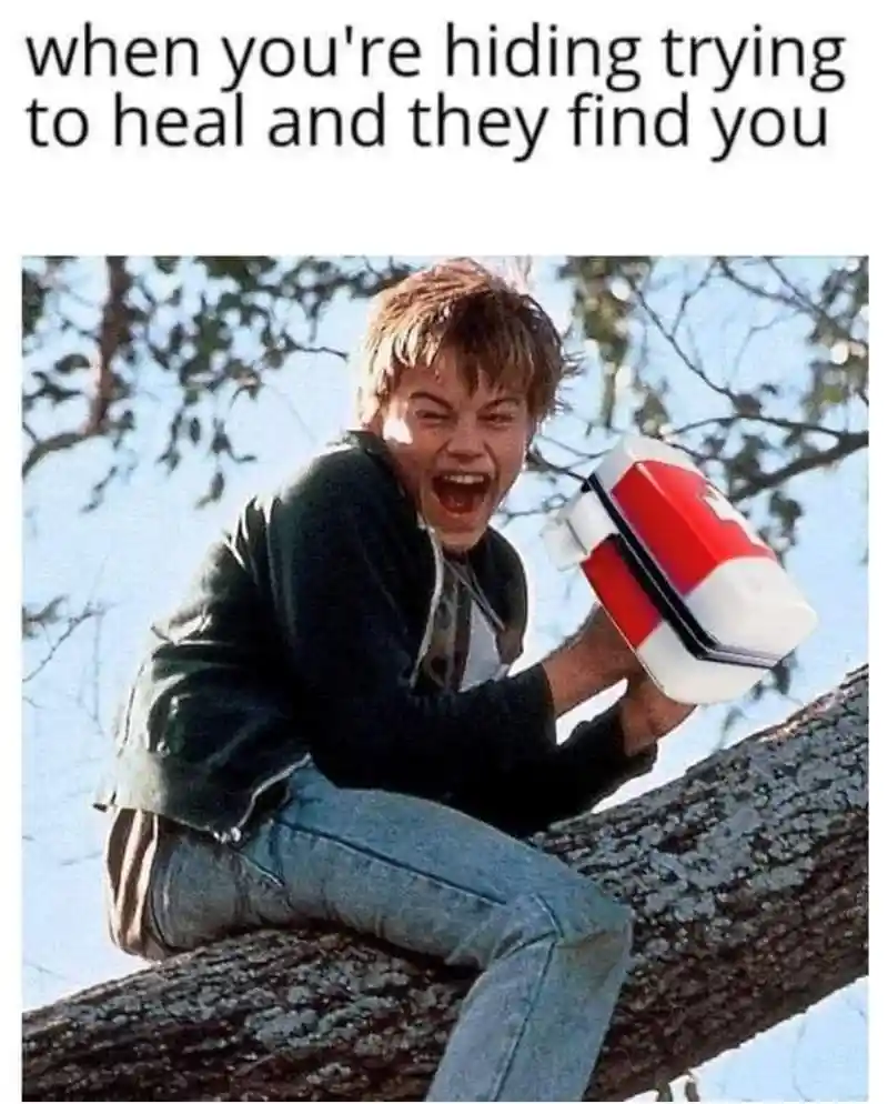 Hiding to heal meme getting found in tree