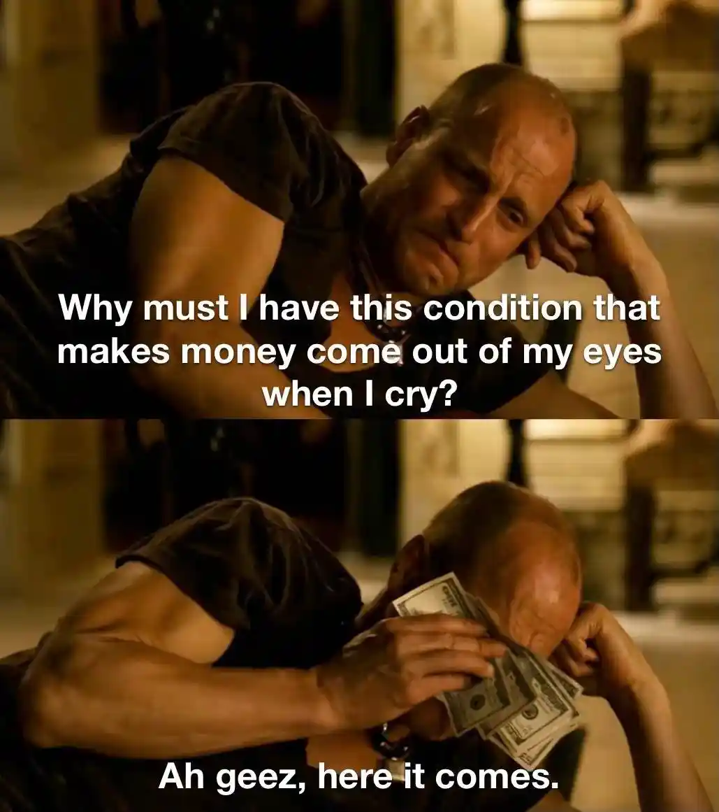 Money tears meme wiping face with cash