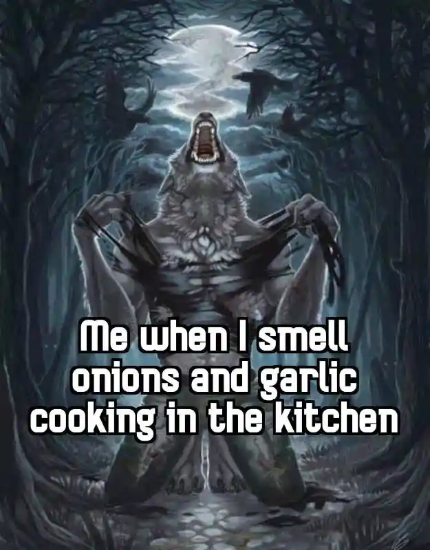 Wolf ripping shirt meme excited for cooking onions garlic