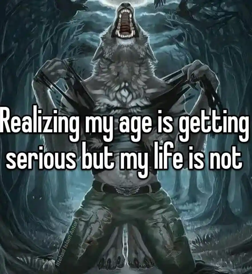 Wolf ripping shirt meme realizing age getting serious life not