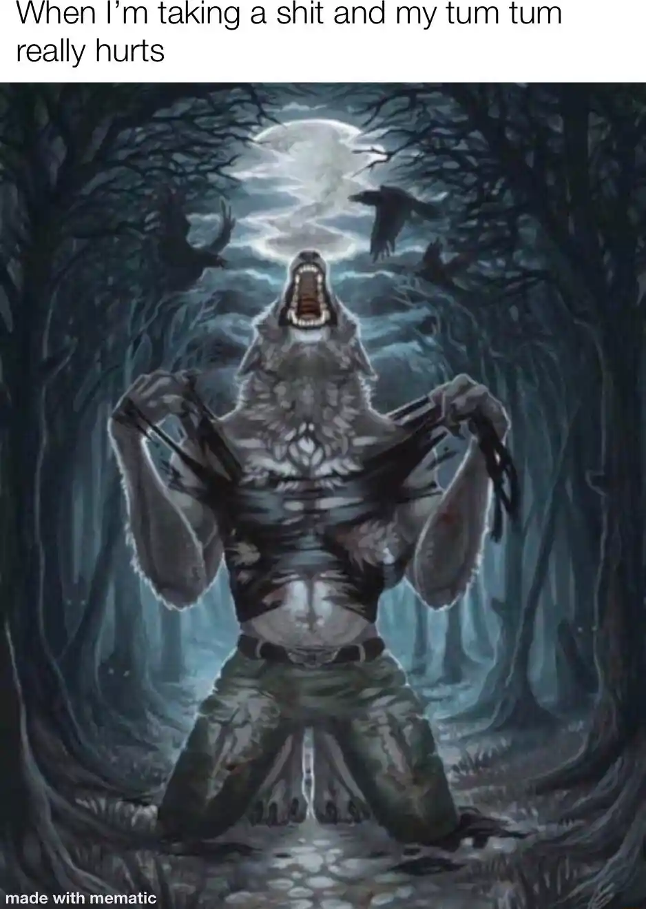 Wolf ripping shirt meme pooping in pain