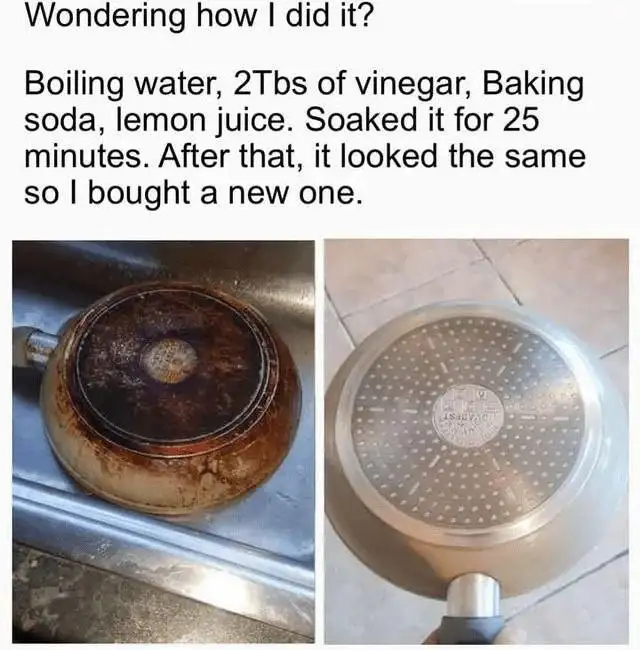 Burnt pan cleaning fail meme buys new pan