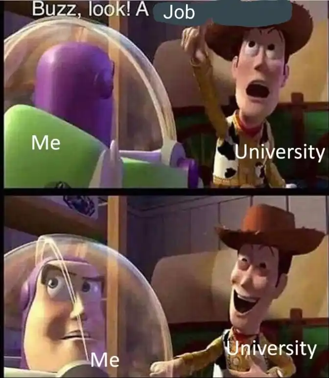 Woody laughing meme points out job to me