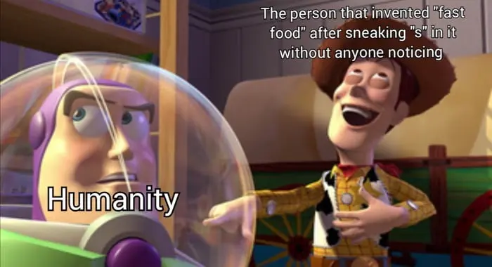 Woody laughing meme over fast food s pun