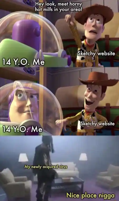 Woody laughing meme trick teen for virus
