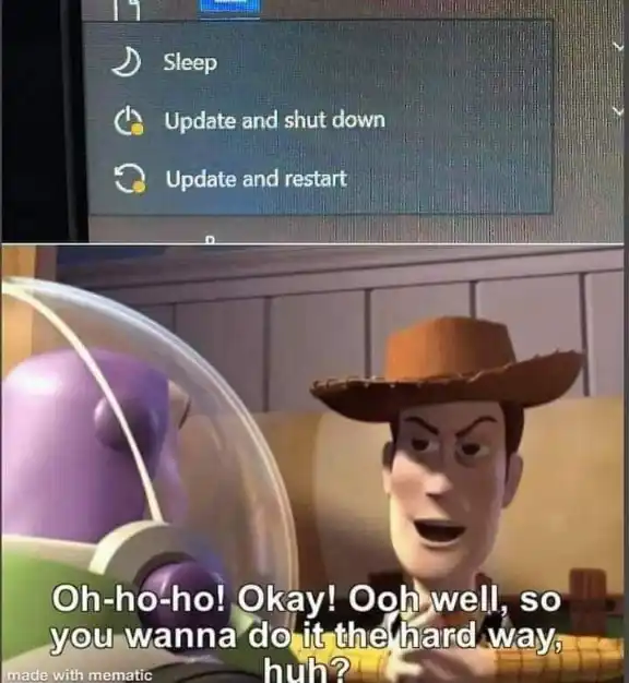 Woody laughing meme at windows update