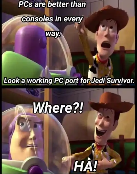 Woody laughing meme mocking bad jedi survivor pc port