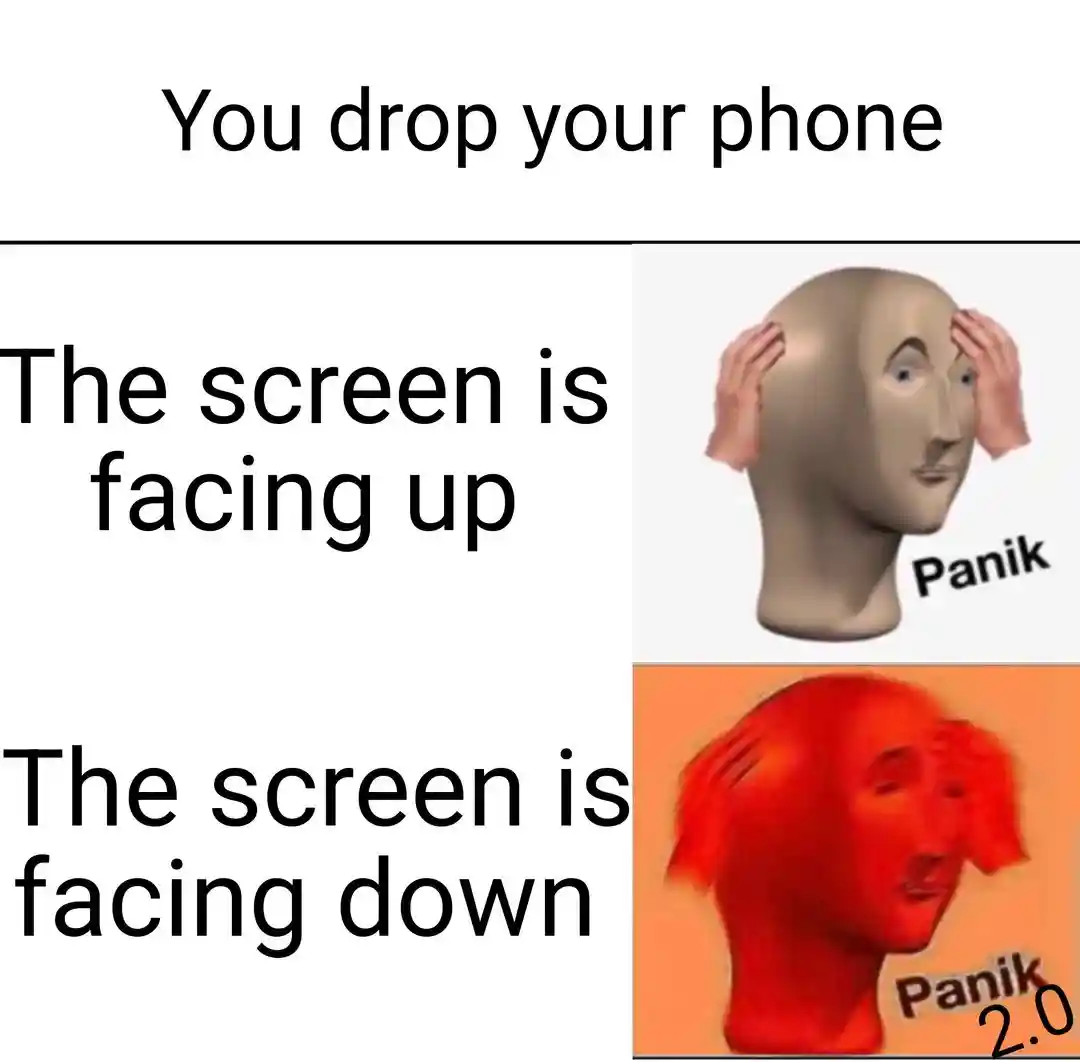Dropped phone panik meme showing face down panic