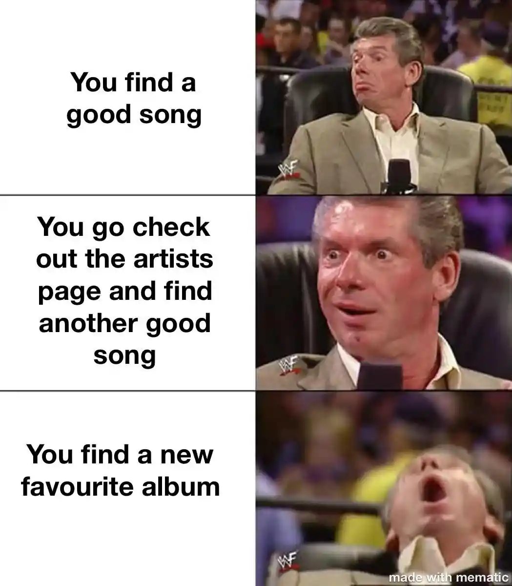 Music discovery meme showing rising joy