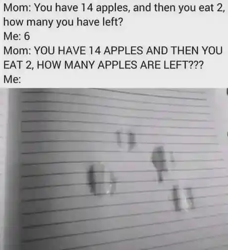Mom 14 apples math meme kid upset by wrong answer