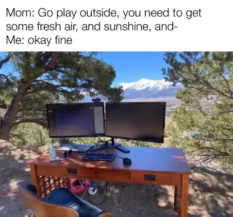 Mom tells kid to go outside meme uses pc outdoors