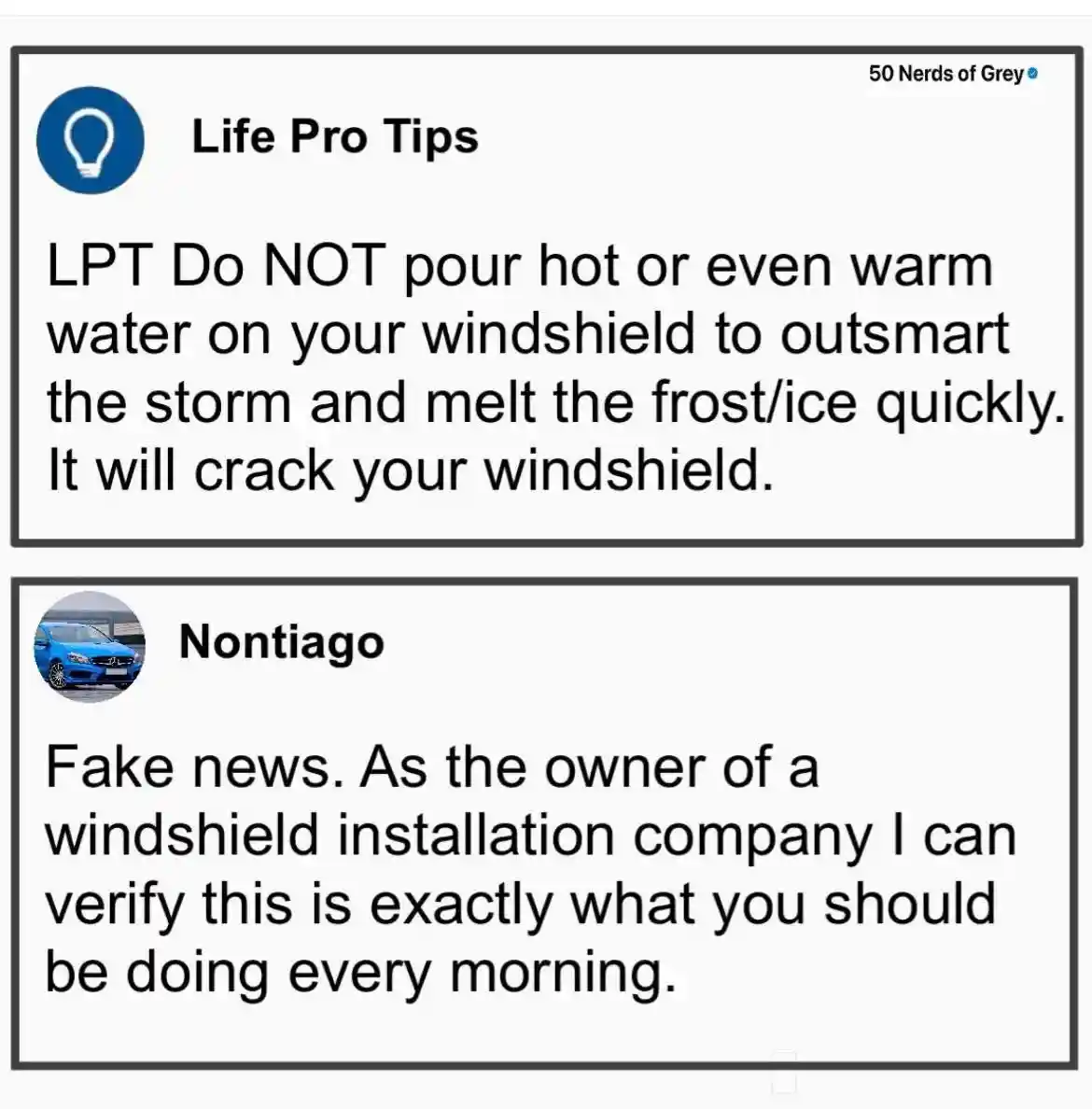 Windshield meme tricks to pour hot water