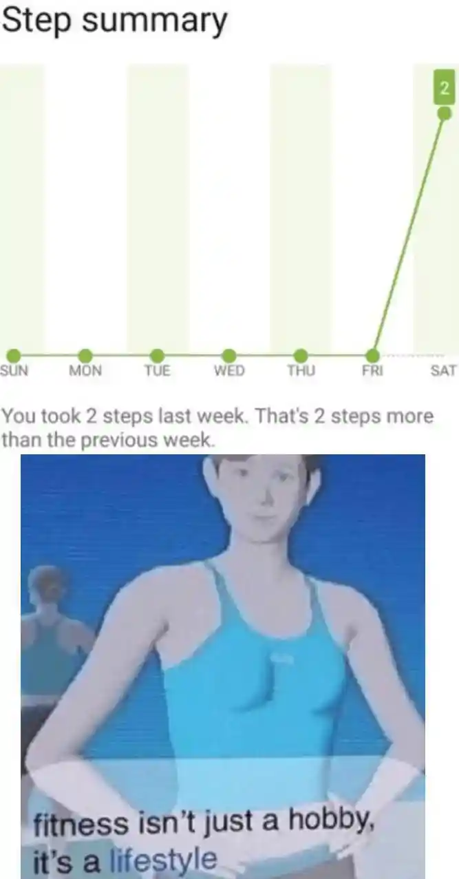 Lazy fitness meme bragging about 2 steps