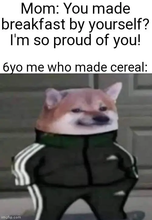 Mom praises kid making cereal meme smug
