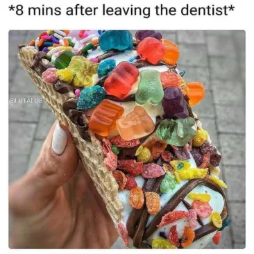 Leaving dentist meme eating sugary ice cream