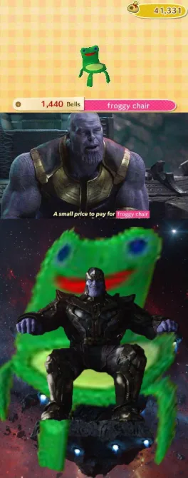 Thanos froggy chair meme sits on big froggy chair