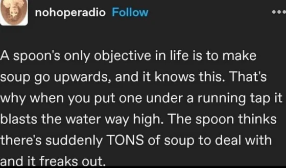Spoon meme panics at running tap mistaking water for soup