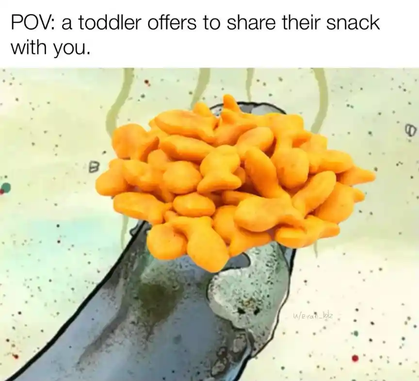 Toddler snack meme offering fish snacks