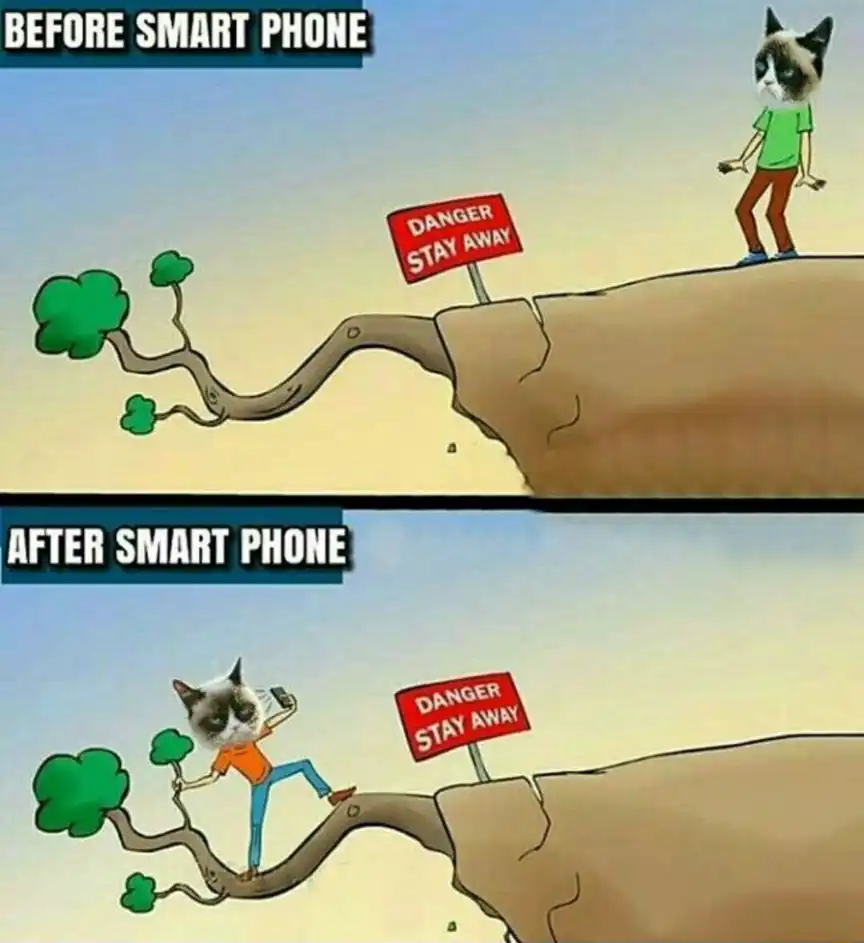 Smart phone meme ignores danger on cliff