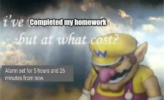 Wario completed homework meme staring at sky