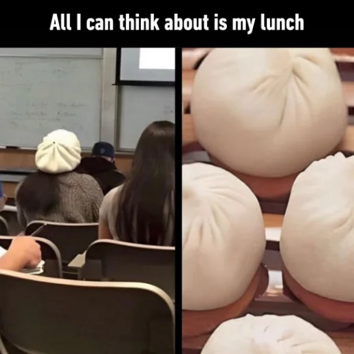 Class students look like steamed buns meme thinking about lunch