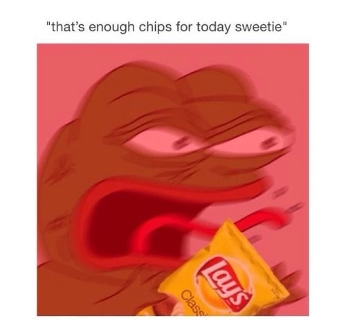 Angry pepe meme mad when told no more chips