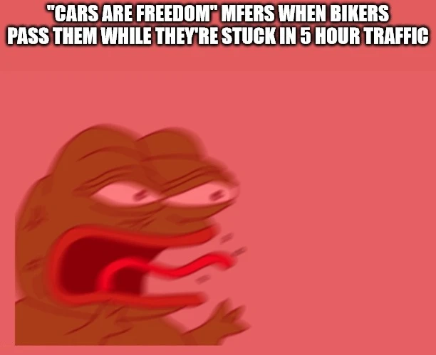 Angry pepe meme raging at bikers in traffic