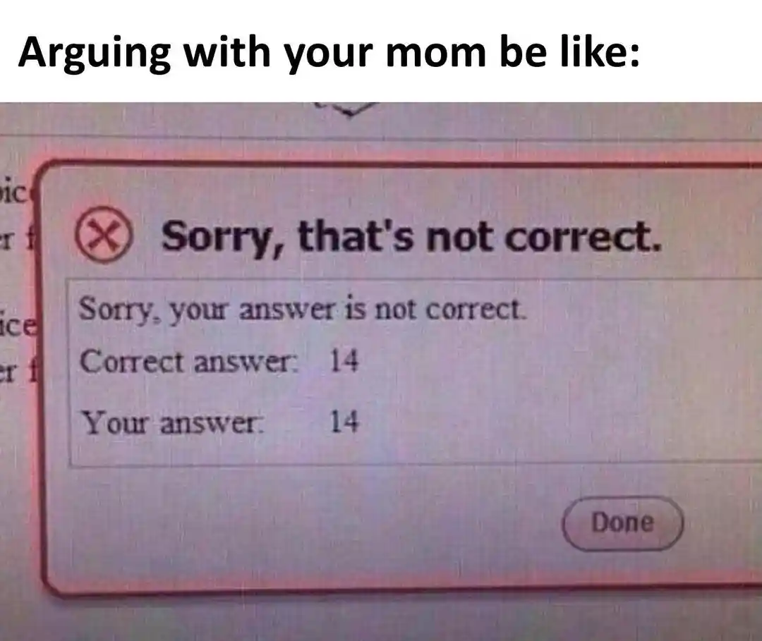 Arguing with mom meme wrong for same answer