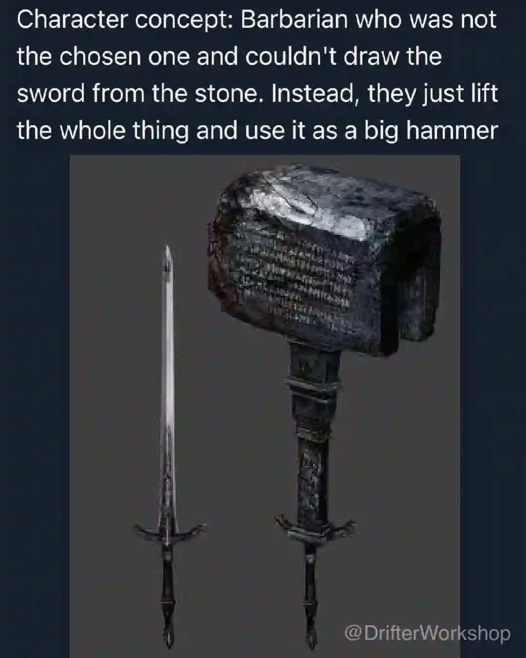 Barbarian sword meme uses stone as big hammer