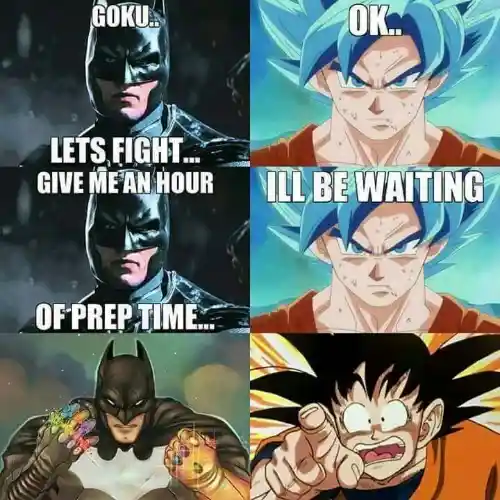 Batman vs goku meme batman holds two infinity gauntlets