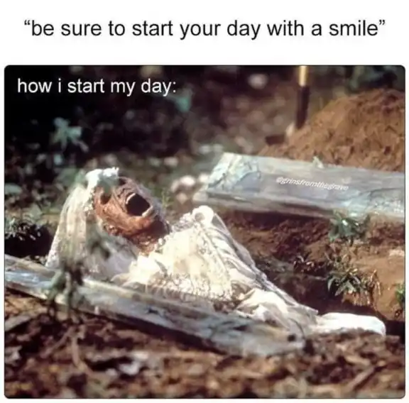 Zombie Morning meme yawning out of grave