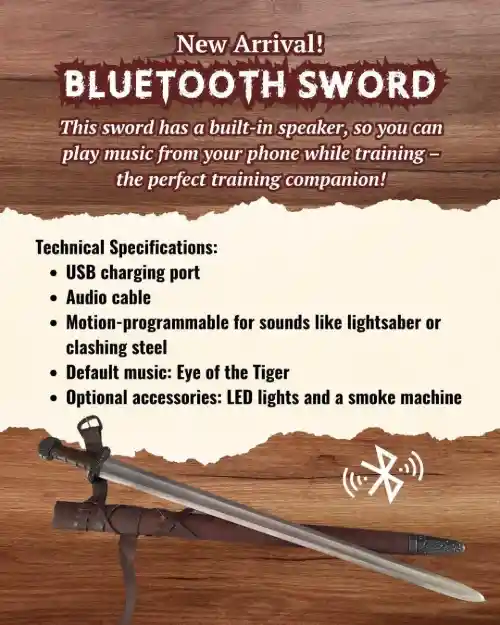 Bluetooth sword meme advertised as music playing training companion