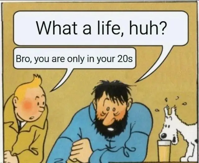 Tintin meme man saying what a life in his 20s