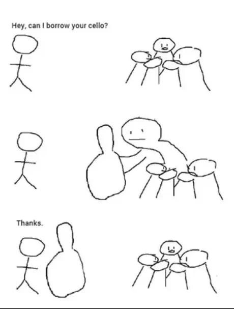 Borrow cello meme people hand over big cello