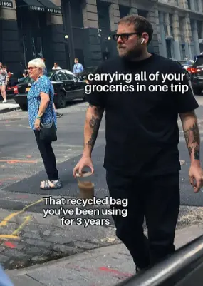 Carrying all groceries in one trip meme holding 3 year old recycled bag