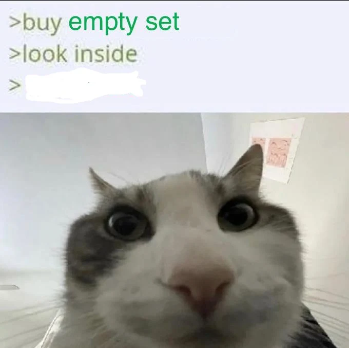 Cat looking inside meme shocked at empty set