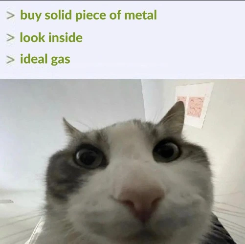 Cat looking inside meme shocked to find ideal gas
