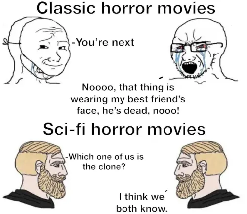 Classic vs sci-fi horror meme showing tropes