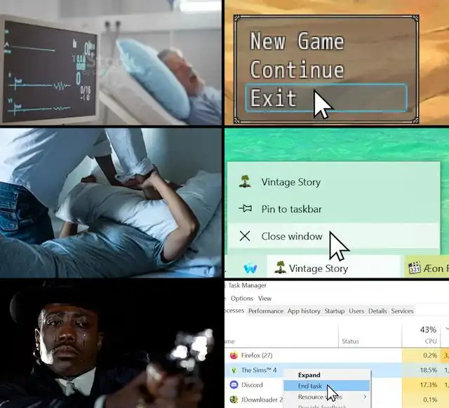 Escalating game exit meme showing force quit steps
