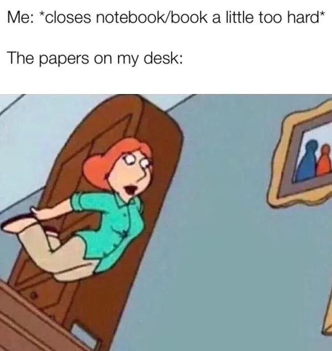 Hard book close meme papers flying away