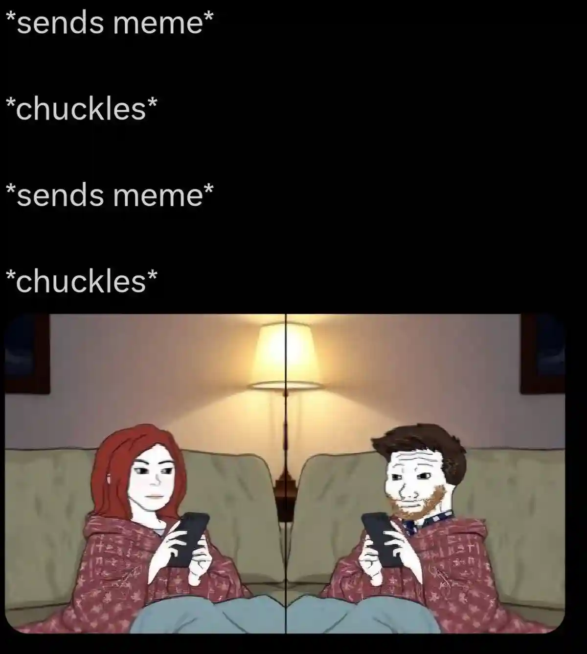 Couple sending memes meme sitting on couch