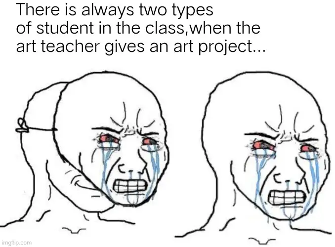 Crying wojak meme upset by art class project